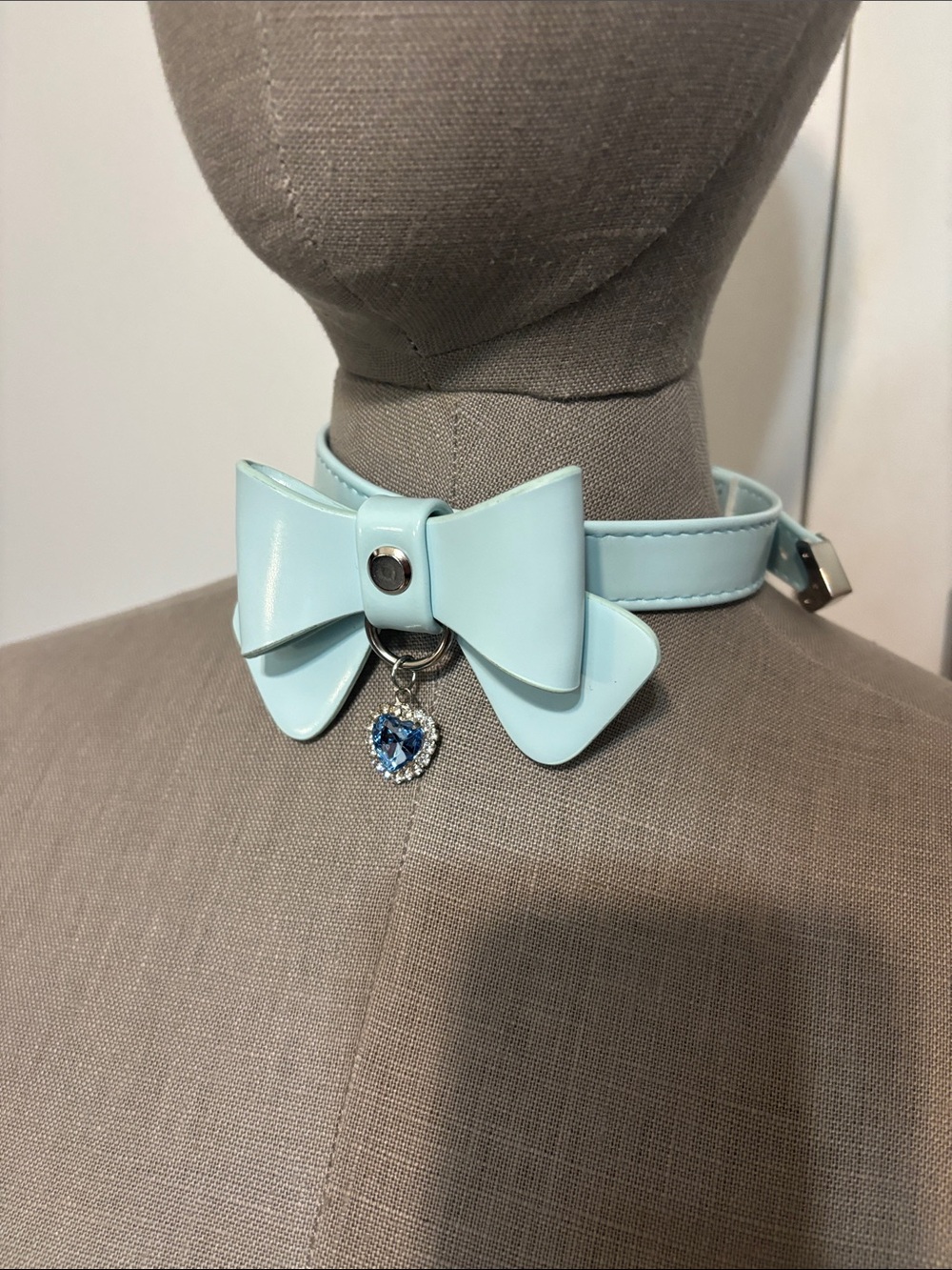 Coquette Pastel Baby Blue Vegan Leather Collar with Rhinestone Heart Gem